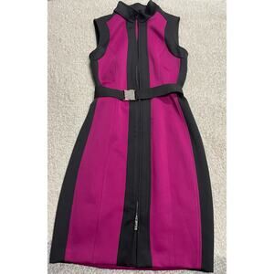 Tommy Hilfiger Women's Sz 4 Zip Front Sleeveless Belted scuba Sheath Dress Pink